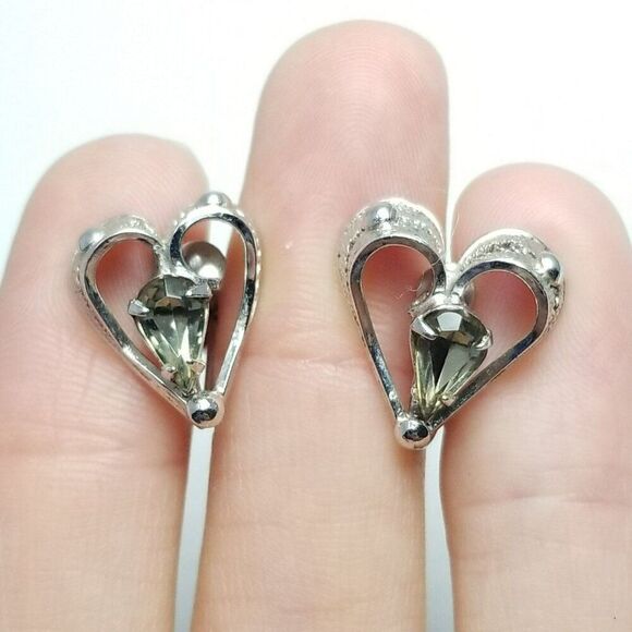 Vintage Sterling Silver Heart Shape Rhinestone Clip On Screw Back Earrings - Picture 7 of 7